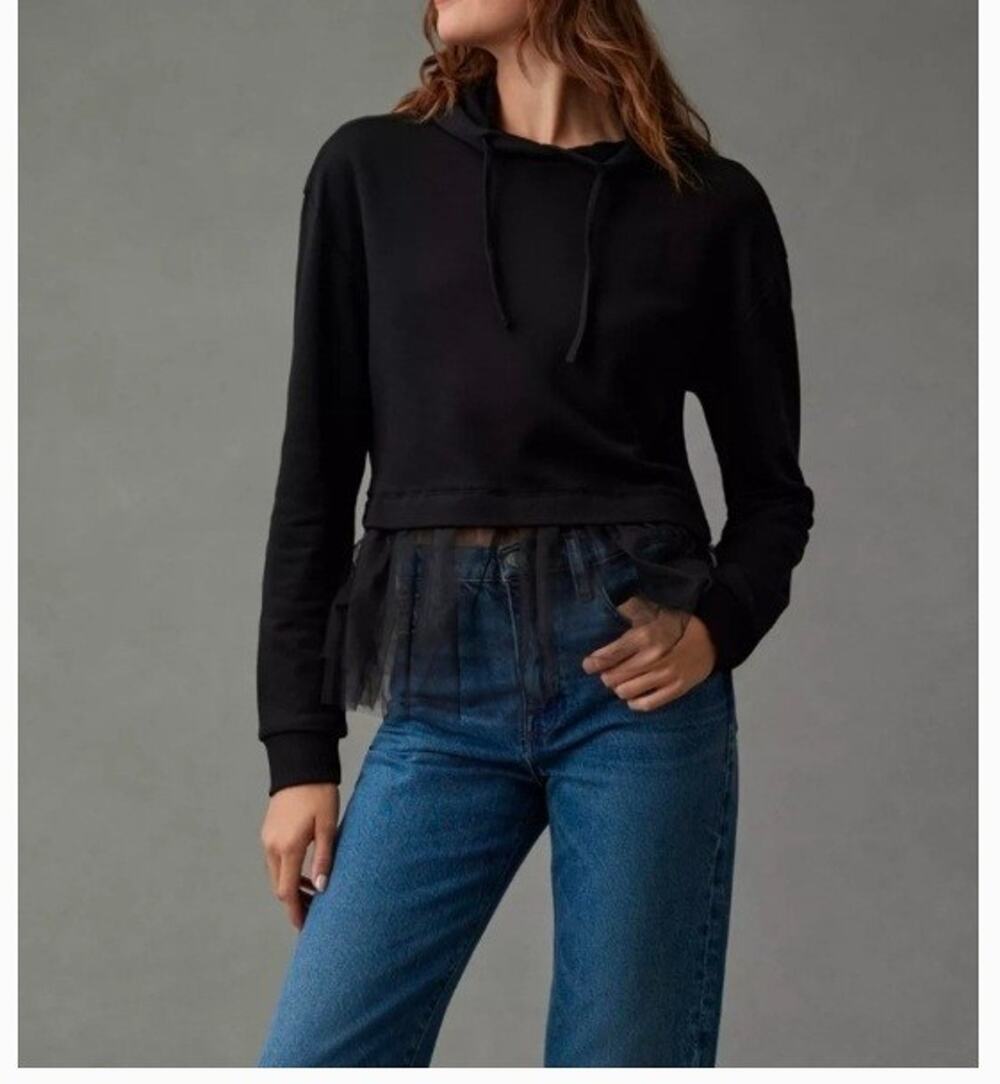 Pilcro Anthropologie NWT Tulle Hem XS Cropped Hoodie Black Grunge